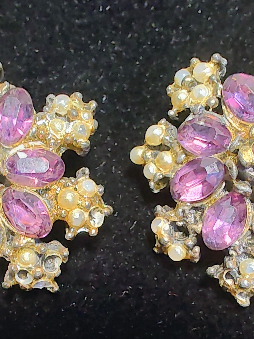 Vintage Clip On Purple /Pink Cluster Stud Earrings Pearl/ Diamond Accents READ